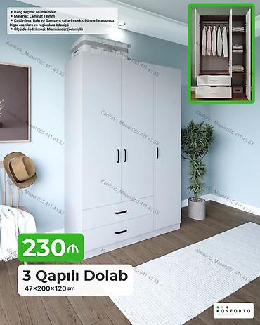 Dolablar: 3 qapılı geyim dolabı – 47×200×120 sm Xüsusiyyətlər: - Material: 18 — 1