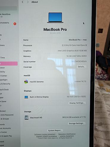 macbook retina: İşlənmiş Apple MacBook, 16 ", Intel Core i9, 1 TB, Ödənişli çatdırılma, Ünvandan götürmə — 1