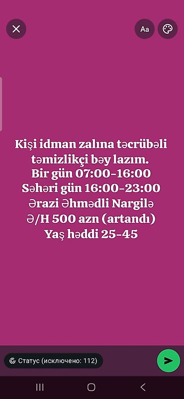 satici is: Xadimə tələb olunur, 30-45 yaş, Təcrübəsiz, Növbəli qrafik, Aylıq ödəniş — 1