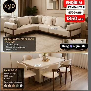 Divan və masa dəstləri: XMD Mebel – künc divan və masa dəsti Künc divan: - Ölçü: 3×2 - Açılan — 4