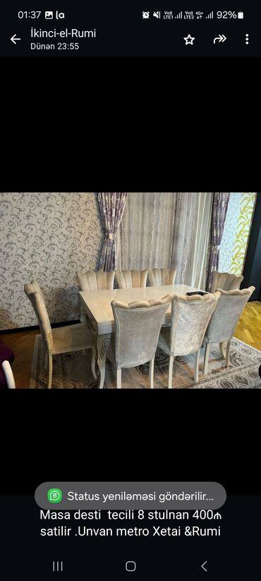 Qonaq otağı dəstləri: Masa desti tecili 8 stulnan 400₼ satilir .Unvan metro Xetai &amp;Rumi
