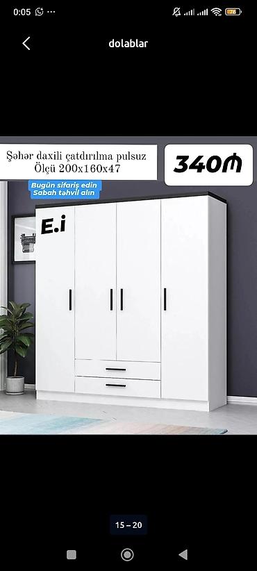 Ağ rəngli 4 qapılı geyim dolabı - Ölçü: 200 x 160 x 47 sm - Daxili