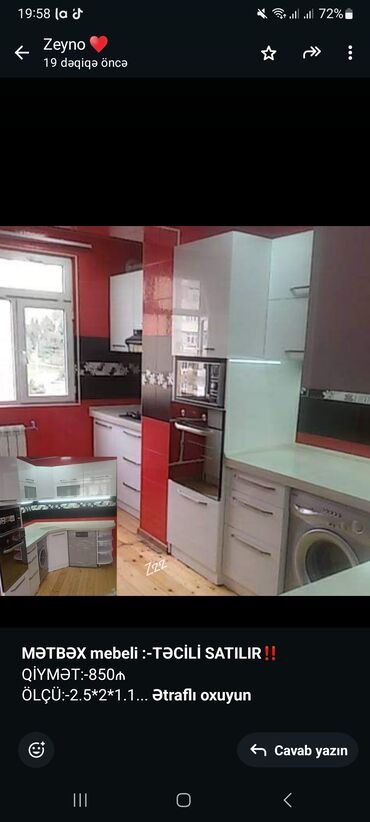 metbex meneli: *mətbəx mebeli :-təci̇li̇ satilir*‼️ qi̇ymət:-850₼ ölçü:-2.5*2*1.1