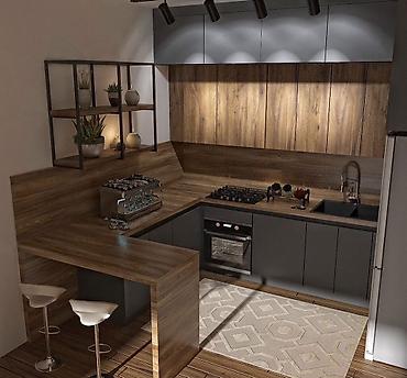 Кухонные гарнитуры: Кухонный гарнитур в современном стиле, выполненный в светлых тонах. Он — 10