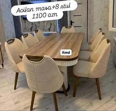 Açılan masa + 8 ədəd stul dəsti - Masa: açılıb-büzülən mexanizmli