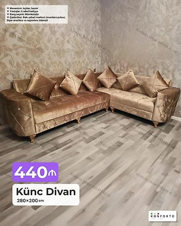 Divanlar: Künc Divan – 280×200 sm - Mexanizm: Açılan, bazalı (yataq funksiyası — 1