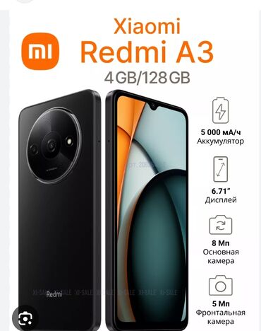 Redmi: Redmi, Redmi A3, Б/у, 128 ГБ, цвет - Черный, 2 SIM