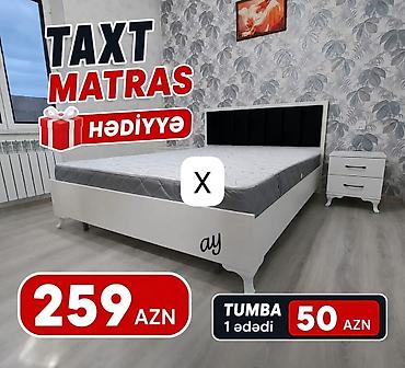 tumbucka: Ağ rəngdə yataq dəsti: - Taxt: müasir dizayn, qara yumşaq başlıqla; — 1