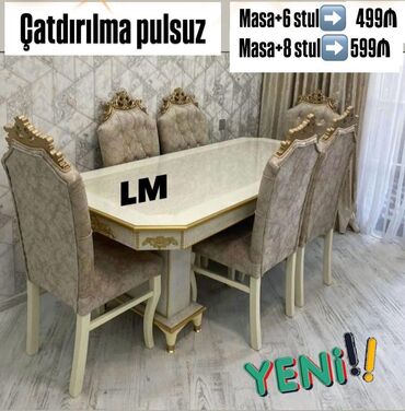 Masa və oturacaq dəstləri: Qonaq otağı üçün, Yeni, Açılmayan, Dördbucaq masa, 6 stul