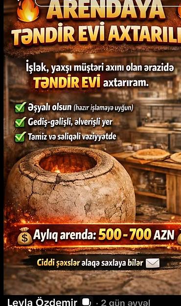 abyektler: Arendaya TƏNDİR EVİ axtarılır Axtarılan obyektin tələbləri: - İşlək — 1