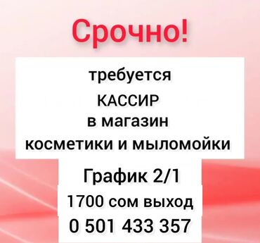 ищу кассира на работу: Талап кылынат Кассир, Иш тартиби: Ийкемдүү график, 1-2-жылдык тажрыйба, Карьера жактан көтөрүлүү, Толук эмес жумуш күнү