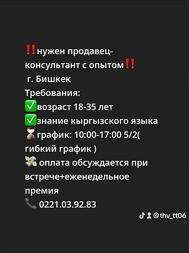 Продажи, работа с клиентами: Вакансия: продавец‑консультант с опытом Локация: г. Бишкек — 1