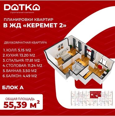 чистый дом: 2 комнаты, 55 м², 106 серия, 2 этаж, ПСО (под самоотделку)