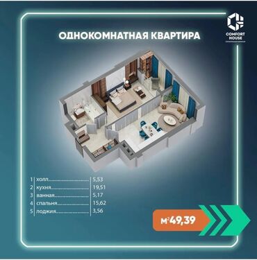 квартира 1 ком элитка: 1 комната, 50 м², Элитка, 6 этаж, ПСО (под самоотделку)