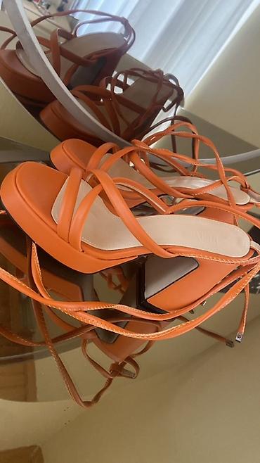 step platforma: Narıncı rəngli qadın sandaleti - Model: zolaqlı bağlamalı sandal - — 4