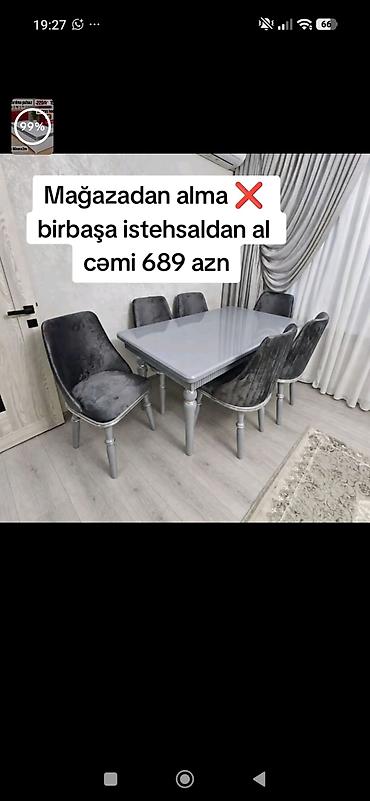 Yemək otağı üçün 1 masa + 6 stul dəsti - Rəng: boz/gümüş tonlarında -
