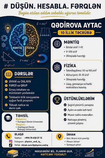 Repetitor, Fizika, Azərbaycan dili, Abituriyent hazırlığı lalafo.az -da Repetitor, Fizika, Azərbaycan dili, Abituriyent hazırlığı