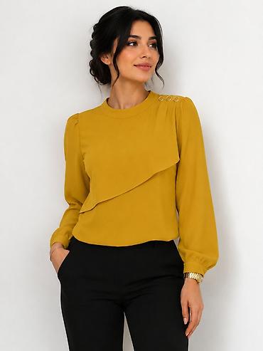 ucuz kişi geyimləri: Mustard rəngli qadın bluzası - Model: uzunqollu, dairəvi yaxalı - — 1