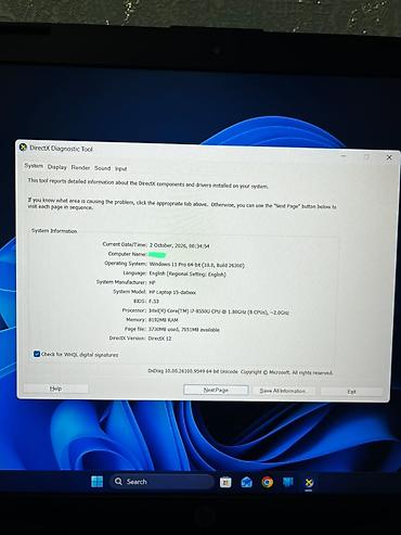 acer nitro 1: Moel: HP laptop 15-da000x CPU: İ7-8550 1.8Ghz 8cpus GPU: NVIDIA — 4