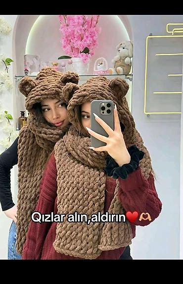 kofta modelleri 2022: Xoş və isti ayılar temalı trikotaj dəst: kapüşonlu şarf - Model — 1
