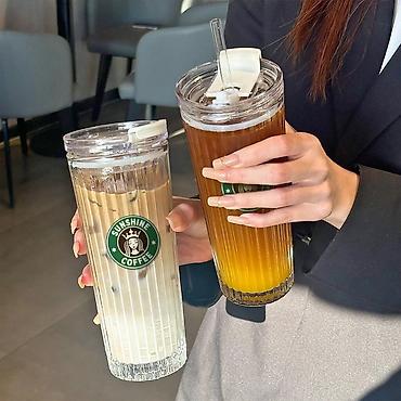 стаканы для лимонада: Высокие стеклянные стаканы Sunshine Coffee с крышкой и трубочкой - — 1