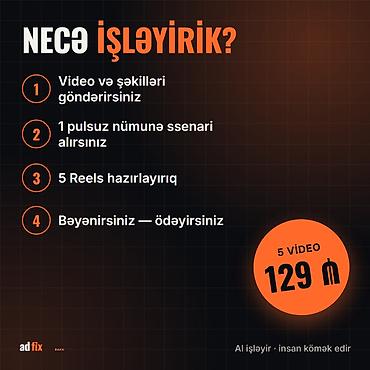 Видеосъемка: Biznesiniz üçün Reels — 5 video 129 ₼. Instagram və TikTok üçün Reels — 4