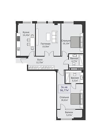 елизавета: 3 комнаты, 96 м², АУЦА Элитка, 3 этаж — 3