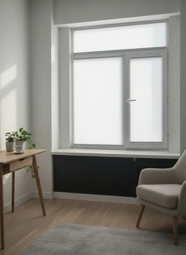 Жалюзи и рольшторы: Плиссированные шторы бежевого цвета, устанавливаются непосредственно — 1