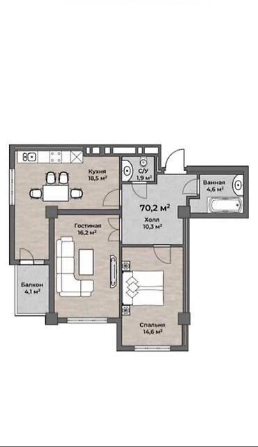 11: 2 комнаты, 70 м², Технопарк Элитка, 11 этаж, ПСО (под самоотделку) — 3