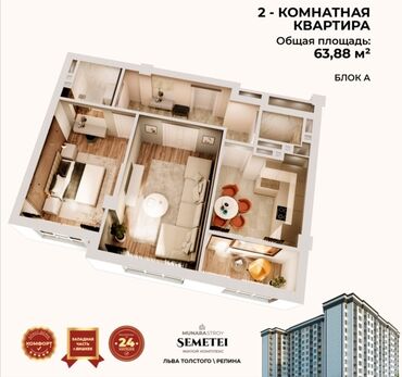 квартиры в районе пишпек: 2 комнаты, 64 м², Элитка, 12 этаж, ПСО (под самоотделку)