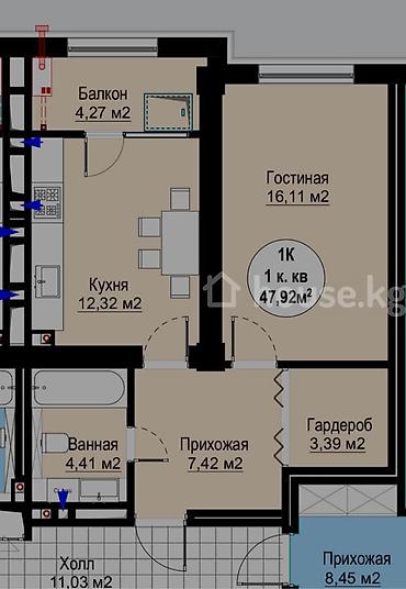 capstroy: 1 комната, 48 м², Аламедин-1 мкр Элитка, 3 этаж, ПСО (под самоотделку) — 4