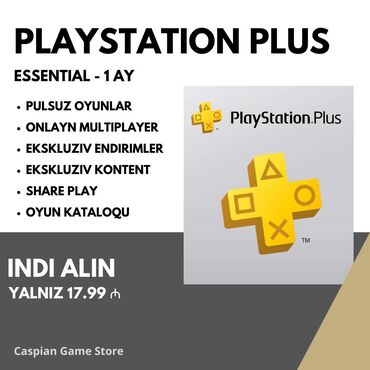 Video oyunlar üçün aksesuarlar: PS Plus Essential, Extra, Deluxe. Essential, 1 AY - 18 AZN; 3 AY - 40
