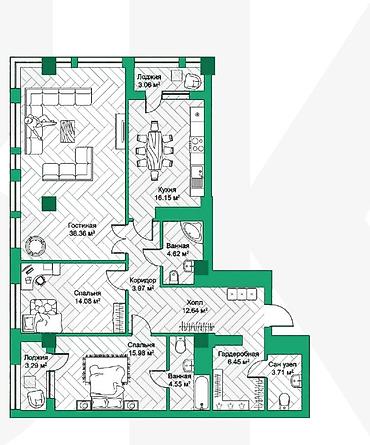 Продажа квартир: 2 комнаты, 74 м², Асанбай мкр Элитка, 12 этаж, ПСО (под самоотделку) — 6