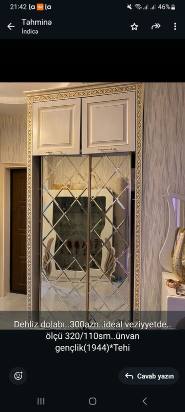 Divanlar: Dehliz dolabı. 300azn. ideal veziyyetde. ölçü 320/110sm. ünvan