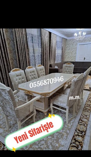 Masa və oturacaq dəstləri: Qonaq otağı üçün, Yeni, Açılan, Dördbucaq masa, 6 stul — 56