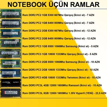 Sərt disklər (HDD): Operativ yaddaş (RAM) 2 GB, < 1333 Mhz, DDR2, Noutbuk üçün