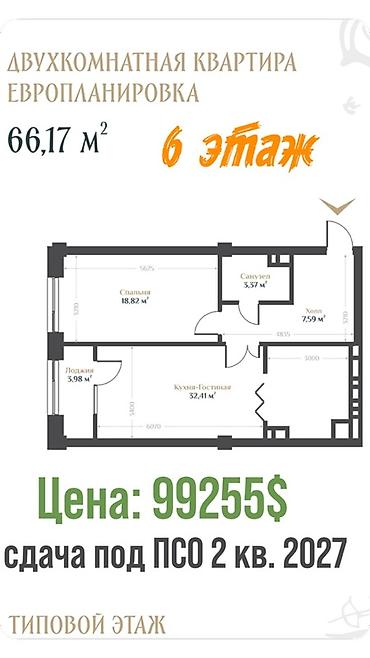 Строится, 2 комнаты, 66 м²