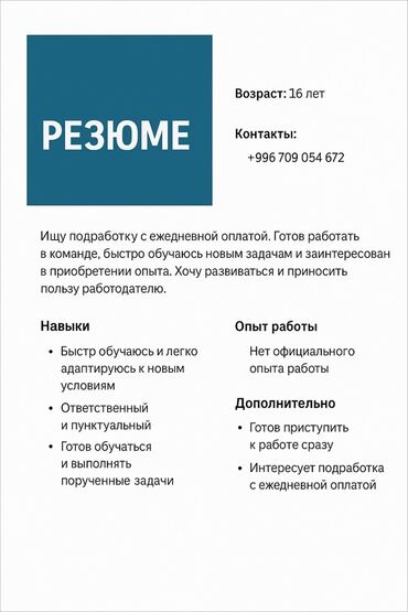 неполный рабочий: Резюме 16-летнего соискателя, заинтересованного в подработке с