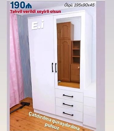 Dolablar: Ağ rəngli 3 qapılı paltar dolabı - Ölçü: 195x90x45 sm - Geniş güzgülü — 1