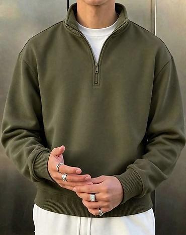 S;M;L;XL Kişi sweatshirt – zeytun-yaşıl rəngdə, yarım-fermuarlı