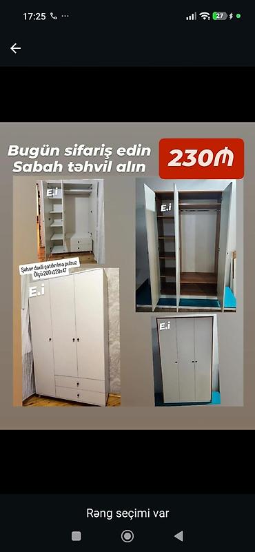3 qapılı paltar şkafı – 200×120×47 sm - Daxili komplekt: asılqan üçün