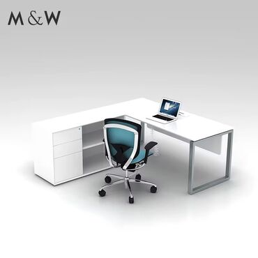 белый офисный стол: M&W L formalı ofis dəsti - Minimalist dizaynlı L formalı iş