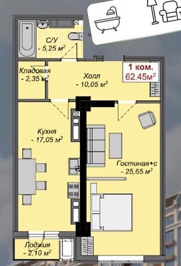 Продажа квартир: 1 комната, 62 м², Асанбай мкр Элитка, 14 этаж, ПСО (под самоотделку) — 5