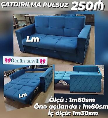 açılan divan: Mavi rəngli, qabağa açılan divan–kreslo. - Ölçü: 1 m 60 sm - Öndən — 1