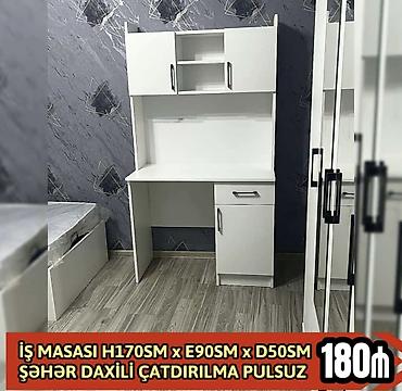 Ağ rəngdə funksional iş masası və üst dolab dəsti. Ölçülər: -