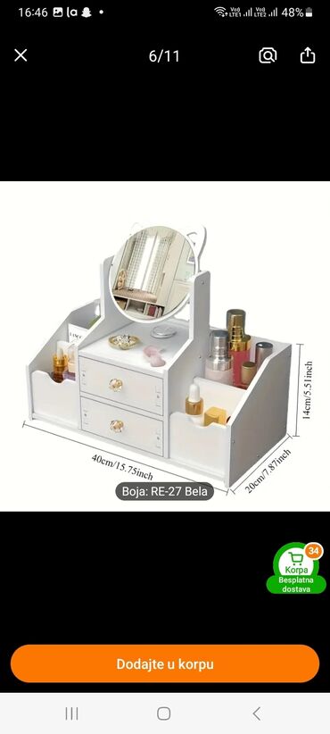 Neseseri: Organizator za kozmetiku u beloj boji sa ogledalom. Poseduje dve fioke — 6