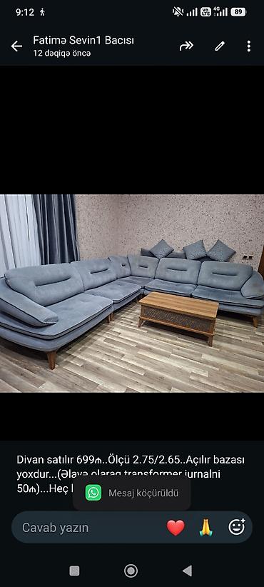 Divan satılır 699₼. Ölçü 2.75/2.65. Açılır bazası yoxdur. (Əlavə
