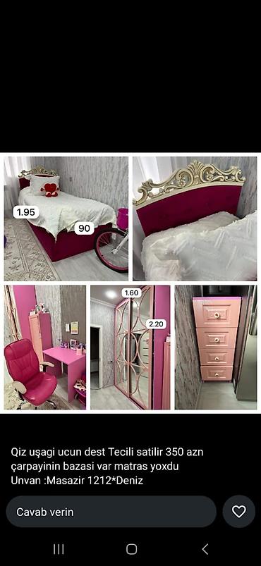 komod satilir: Qız uşağı üçün mebel dəsti Tərkibi: - Çarpayı – ölçü: 1.95 x 0.90 m — 8