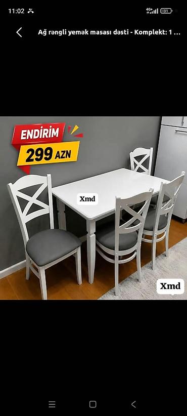 Mebel: Ağ rəngli yemək masasının dəsti - Komplekt: 1 ədəd masa + 4 ədəd stul — 1