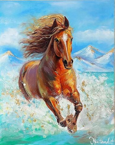 фото на стекле: Картина "Лошадь на Иссык-Куле", холст,лен 40х50, акрил